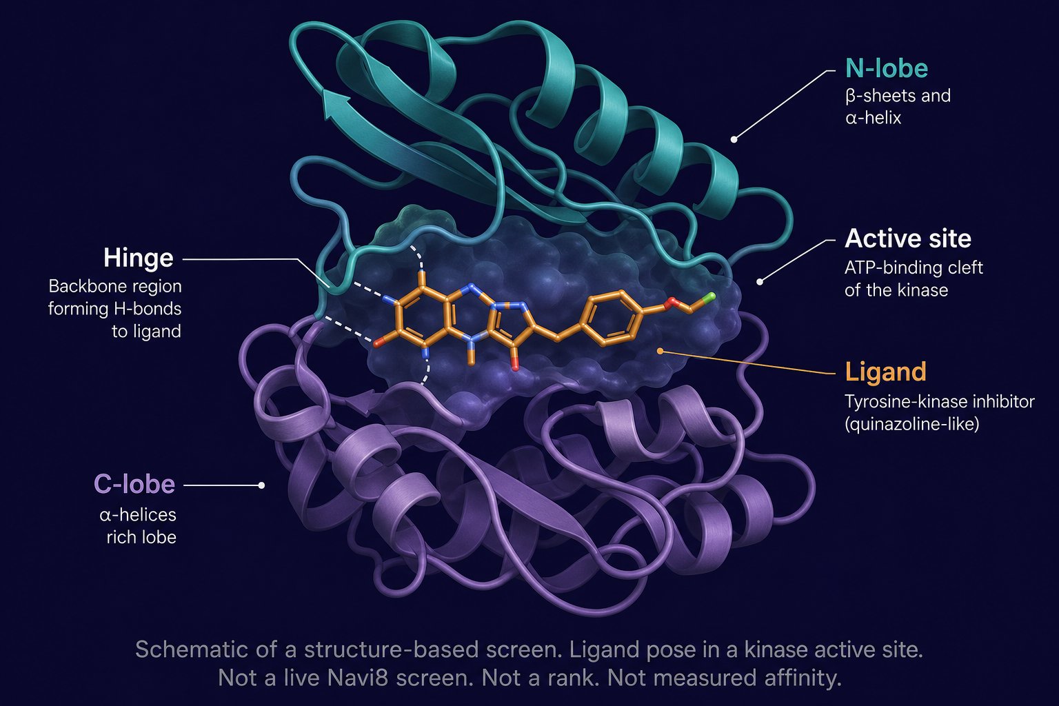 Schematic of a structure-based screen: a ligand posed in a kinase active site with the hinge, N-lobe and C-lobe labelled